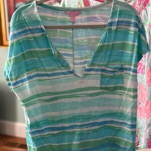 Striped V-Neck Cap Sleeve Linen Top - Green and Blue